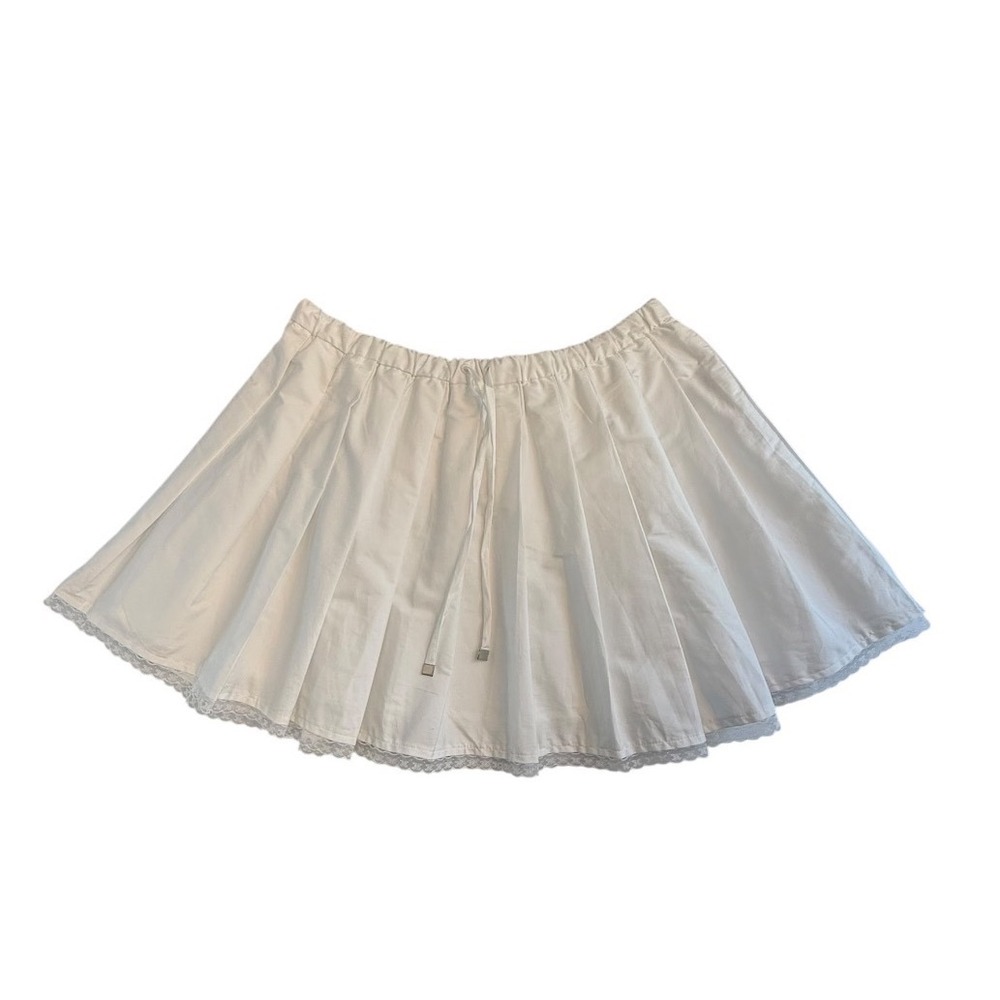 J.Crew White Cotton Pleated Mini Skirt Lace Trim Drawstring CK531 Large NWT